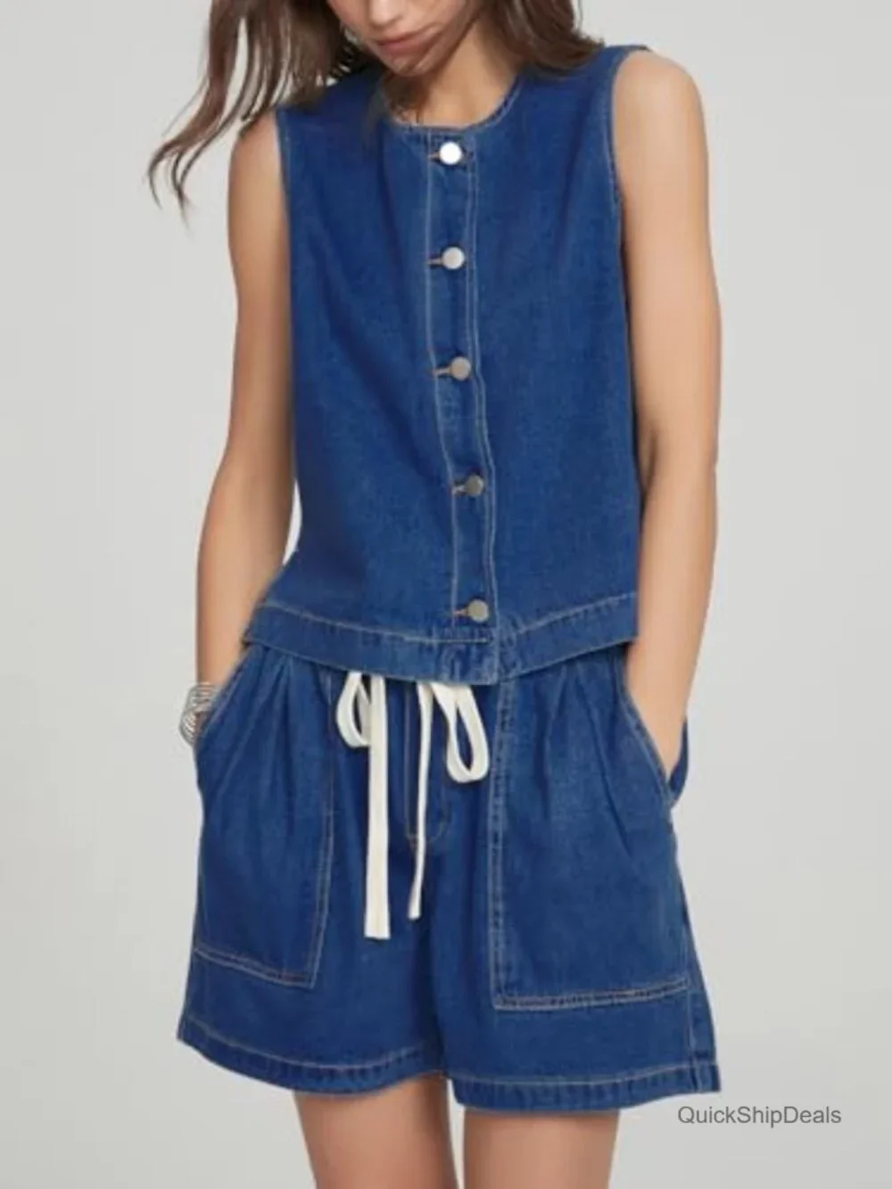 Sleeveless Denim Vest & Baggy Jean Shorts Matching Set Two Piece Outfit